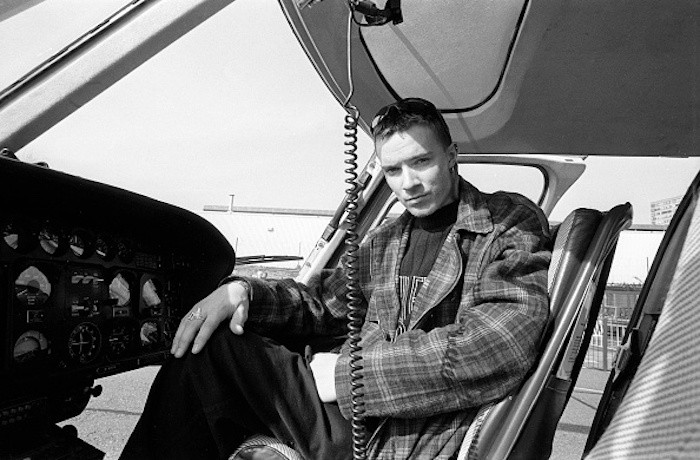 Liam Howlett of The Prodigy, in a helicopter, United Kingdom, 1995. (Photo by Martyn Goodacre/Getty Images)