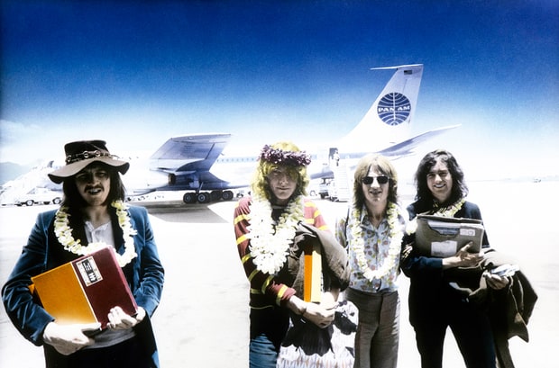 Led Zeppelin arriving at Honolulu Airport, holding Led Zeppelin II master tapes, 1969 Robert Knight Archive-Redferns-Getty