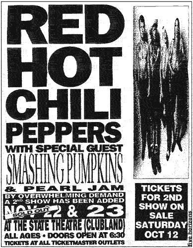 Red Hot Chili Peppers - Pearl Jam - The Smashing Pumpkins - 22 & 23 Νοεμβρίου 1991 - Poster