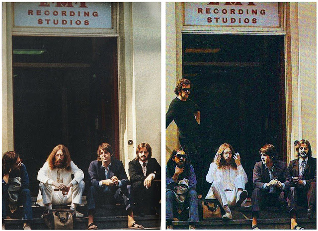 Οι Beatles έξω από τα studio της EMI, περιμένοντας να ξεκινήσει η φωτογράφιση.