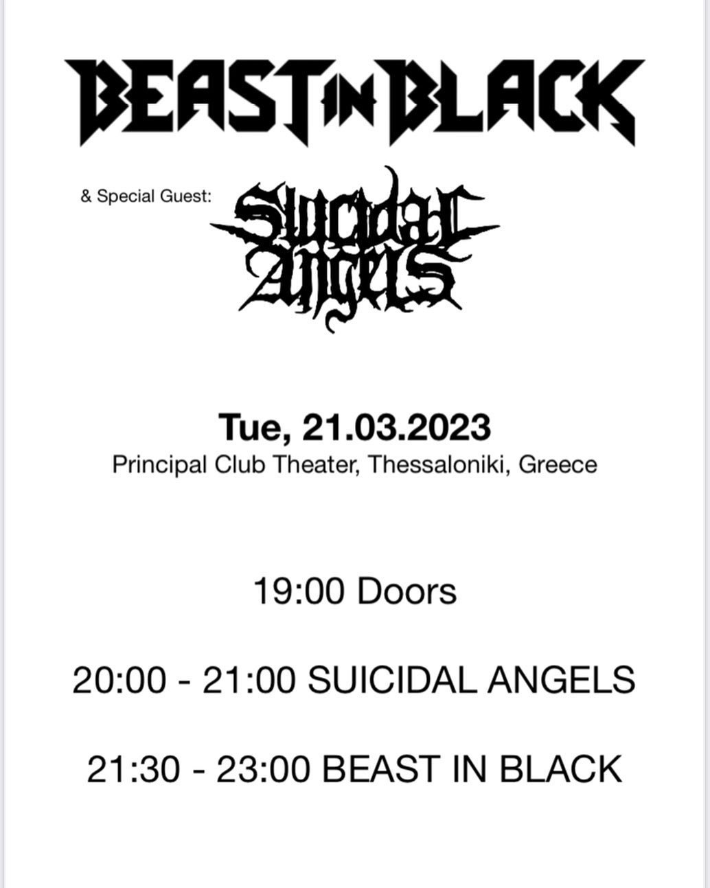 Beast in Black και Suicidal Angels - Πρόγραμμα